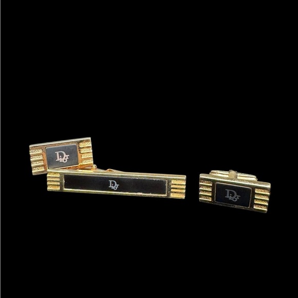 Dior Gold and Black Cufflinks and Tie Clip Set